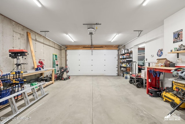 garage featuring a workshop area and a garage door opener