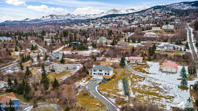 aerial view featuring a mountain view and a residential view