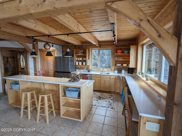 kitchen with wood ceiling, appliances with stainless steel finishes, light countertops, light brown cabinets, and open shelves