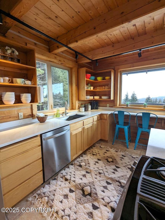 41650 Charlie Dr, Homer, AK 99603 - kitchen featuring dishwasher, open shelves, a wooden ceiling with exposed beams, light brown cabinets, and light countertops