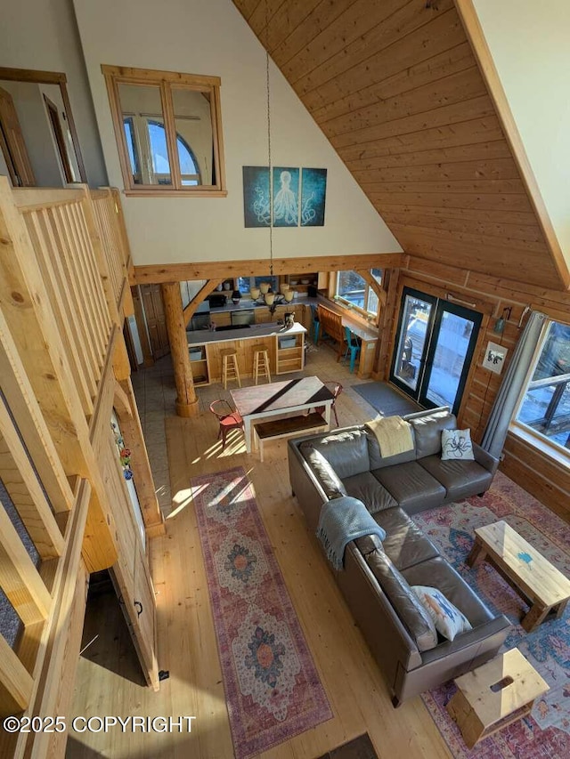 41650 Charlie Dr, Homer, AK 99603 - living room featuring high vaulted ceiling, hardwood / wood-style flooring, and wooden ceiling