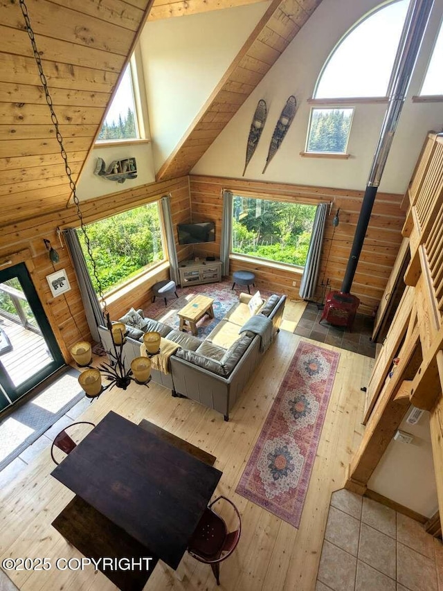 41650 Charlie Dr, Homer, AK 99603 - living room featuring high vaulted ceiling, healthy amount of natural light, wood-type flooring, a wood stove, and wooden ceiling