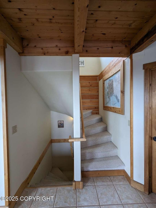 41650 Charlie Dr, Homer, AK 99603 - stairs featuring tile patterned floors and wood ceiling