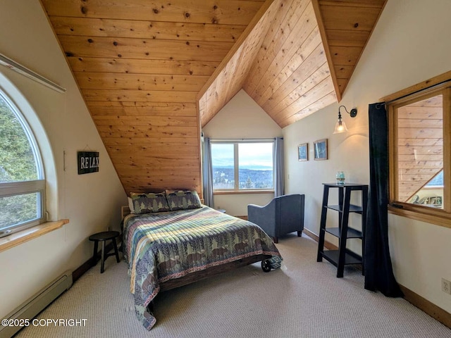 41650 Charlie Dr, Homer, AK 99603 - carpeted bedroom featuring a baseboard radiator, lofted ceiling, and wood ceiling