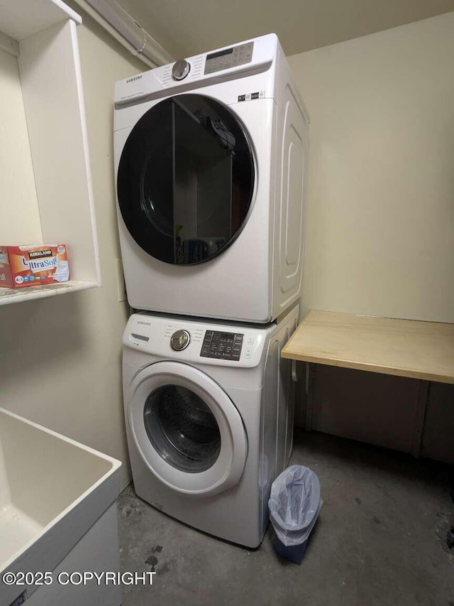 41650 Charlie Dr, Homer, AK 99603 - washroom with stacked washer / dryer