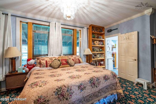 bedroom featuring an inviting chandelier, carpet, multiple windows, and crown molding