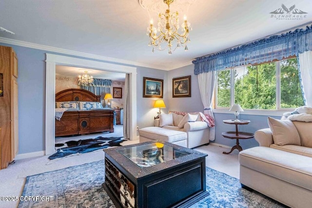 living room featuring ornamental molding, carpet flooring, baseboards, and an inviting chandelier