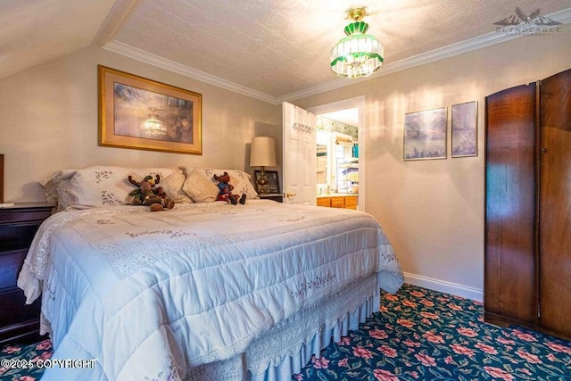 carpeted bedroom with baseboards, ornamental molding, vaulted ceiling, and a textured ceiling