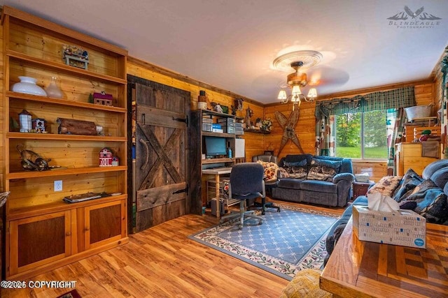 home office with wooden walls and wood finished floors