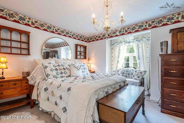 bedroom featuring a chandelier and light colored carpet