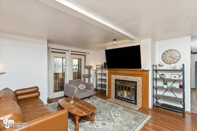 living area featuring a fireplace and wood finished floors