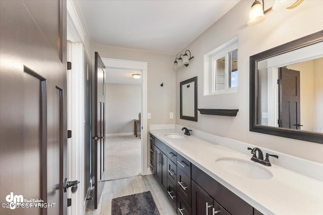 bathroom featuring wood finished floors, a sink, baseboards, and double vanity