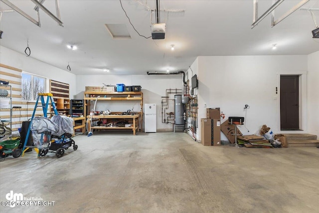 garage with water heater, freestanding refrigerator, and a garage door opener