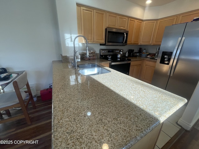 kitchen with stainless steel appliances, a sink, a peninsula, and light brown cabinetry