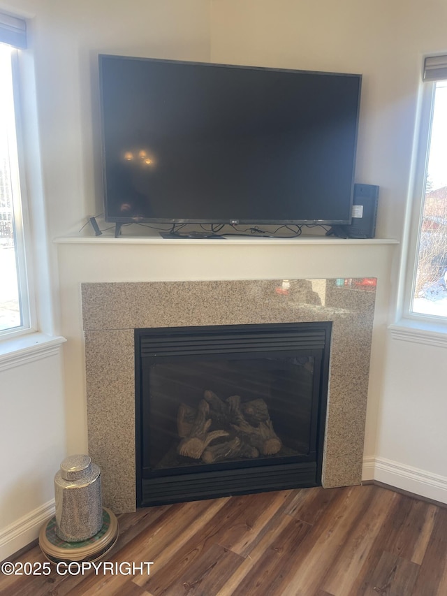 interior details featuring a fireplace, wood finished floors, and baseboards