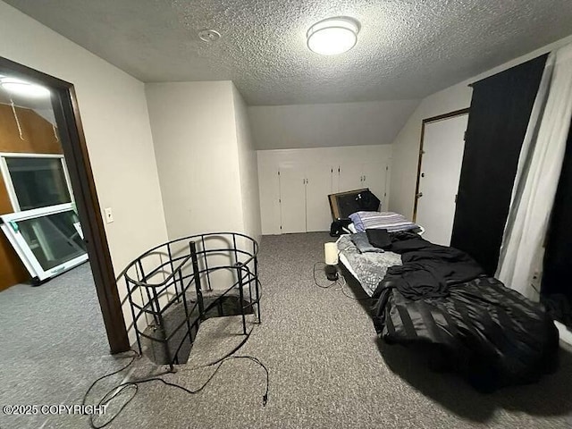 bedroom featuring lofted ceiling, carpet, and a textured ceiling