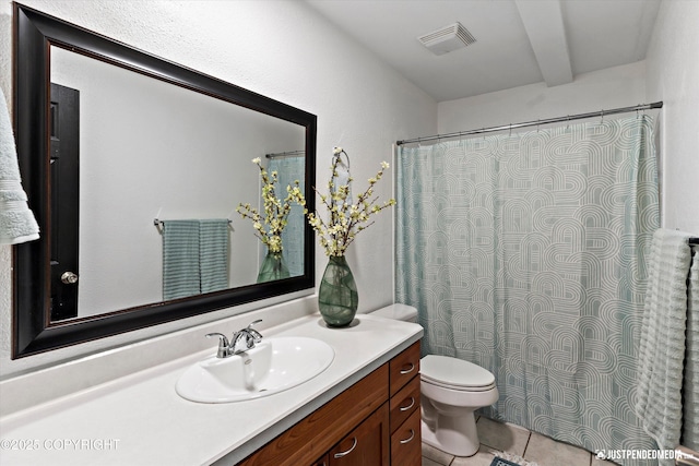 full bath featuring toilet, visible vents, tile patterned flooring, and vanity
