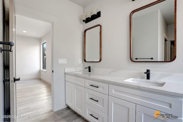 bathroom featuring double vanity, wood finished floors, a sink, and baseboards