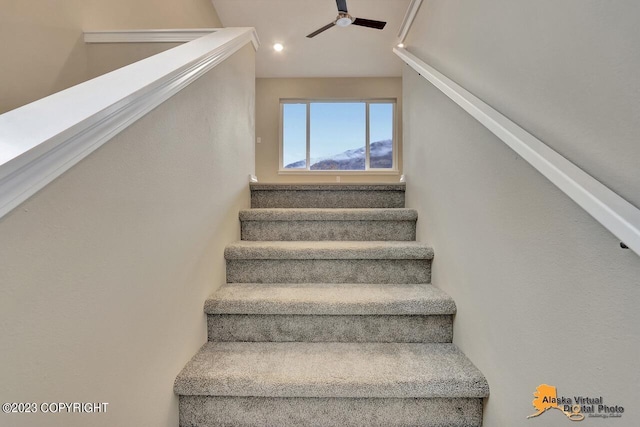 stairs featuring a ceiling fan