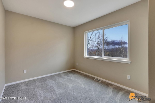 spare room featuring baseboards, visible vents, and carpet flooring