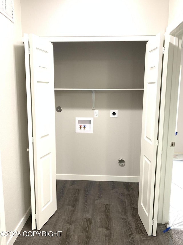 laundry area with hookup for a washing machine, laundry area, dark wood-style flooring, visible vents, and electric dryer hookup