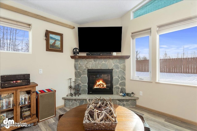 living area with plenty of natural light, a fireplace, and light wood-style flooring