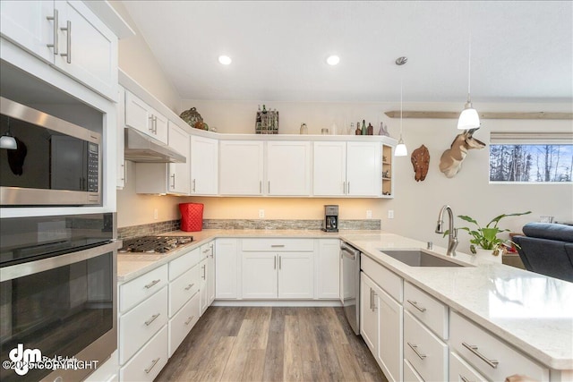 kitchen with decorative light fixtures, stainless steel appliances, under cabinet range hood, white cabinetry, and a sink