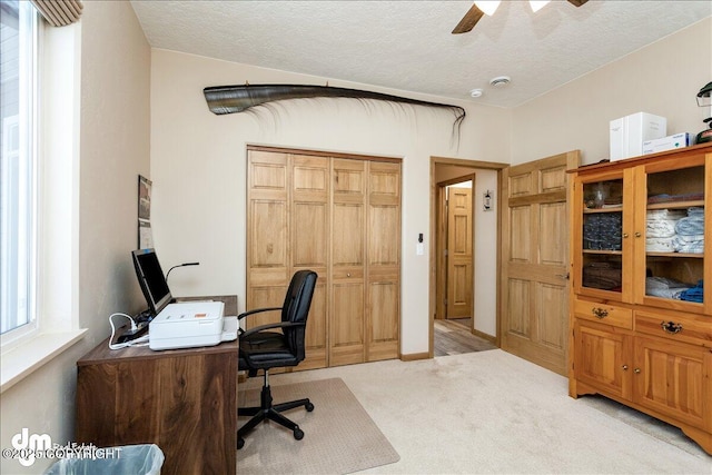 office space featuring light colored carpet, ceiling fan, and a textured ceiling