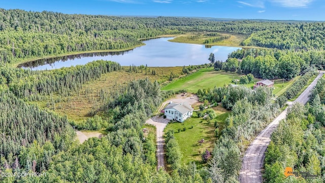 drone / aerial view featuring a water view and a wooded view