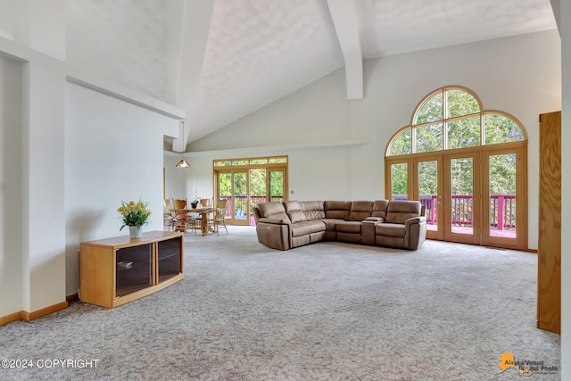 living area featuring high vaulted ceiling, carpet flooring, beam ceiling, and baseboards