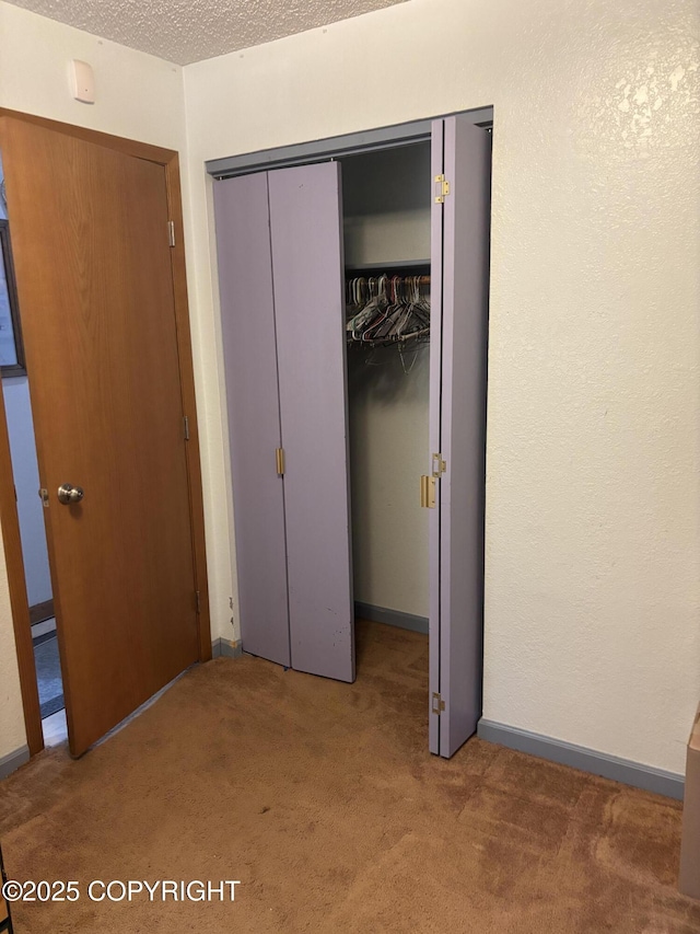 unfurnished bedroom with carpet flooring, a closet, and a textured ceiling