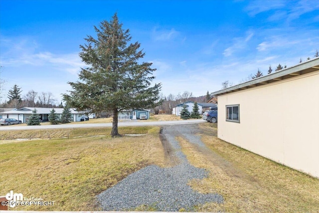 view of yard with driveway and a residential view