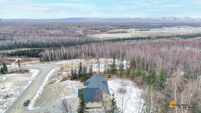 bird's eye view with a wooded view