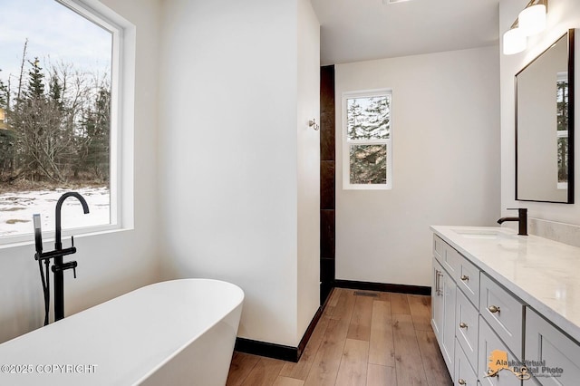 full bathroom featuring a healthy amount of sunlight, vanity, baseboards, and wood finished floors