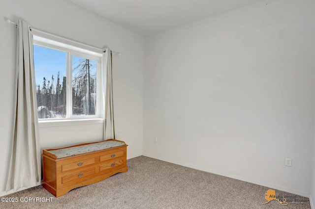 spare room featuring light carpet and baseboards