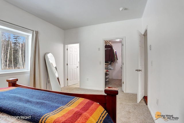 carpeted bedroom with a spacious closet and baseboards