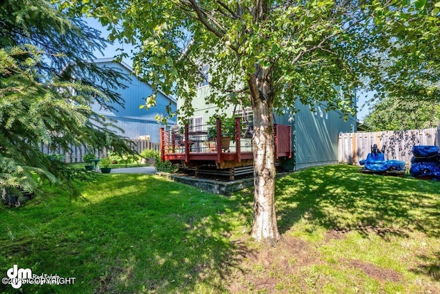 view of yard with a fenced backyard and a wooden deck