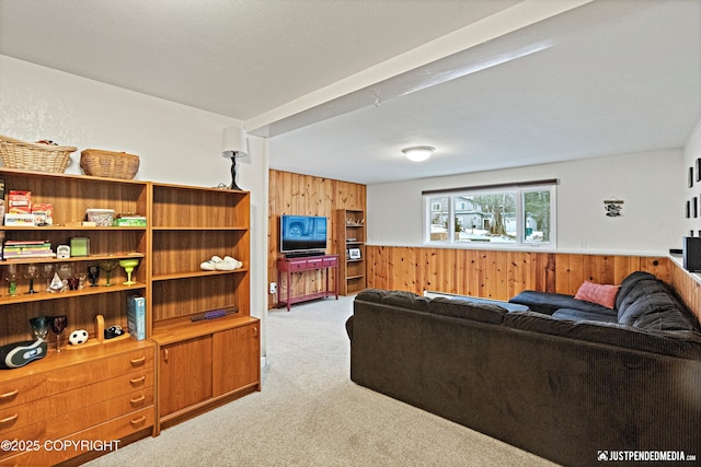 carpeted living area featuring a wainscoted wall and wooden walls