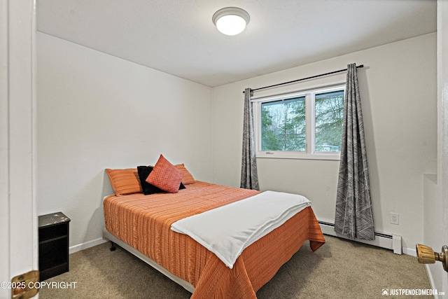 carpeted bedroom with baseboards and baseboard heating