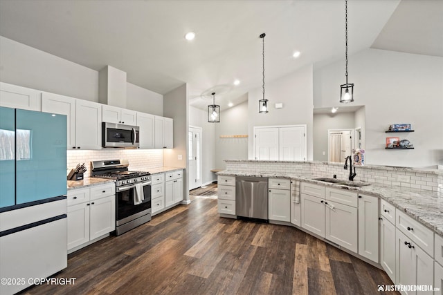 kitchen with light stone counters, stainless steel appliances, dark wood-style flooring, a sink, and white cabinetry