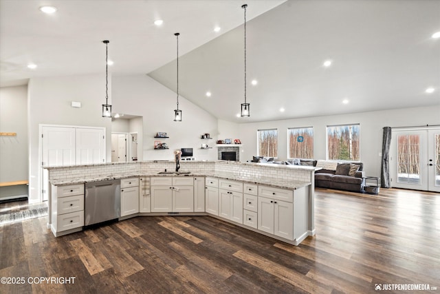 kitchen with decorative backsplash, dark wood-style floors, light stone counters, open floor plan, and stainless steel dishwasher