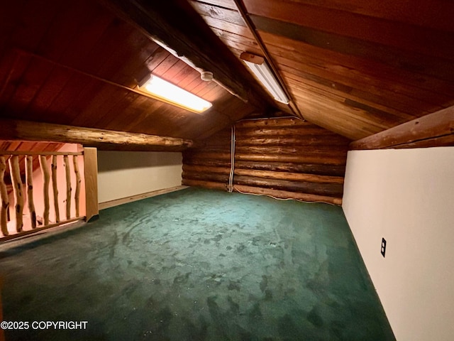 additional living space with lofted ceiling, wooden ceiling, carpet flooring, and log walls