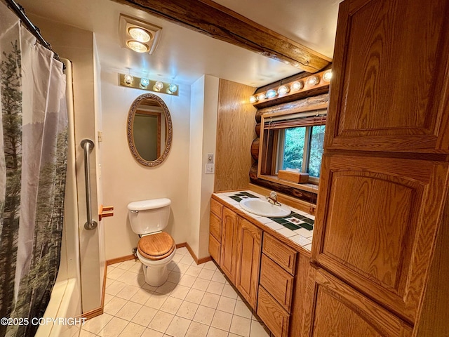 bathroom featuring a shower with curtain, beamed ceiling, toilet, and tile patterned floors