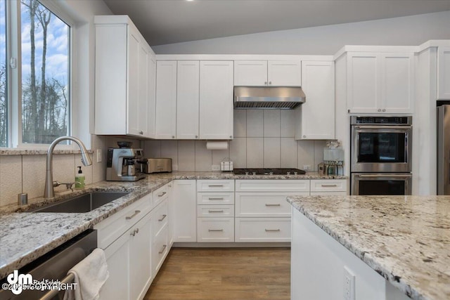 kitchen with decorative backsplash, appliances with stainless steel finishes, white cabinets, a sink, and under cabinet range hood