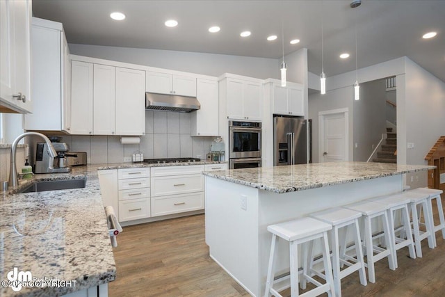 kitchen featuring stainless steel appliances, decorative backsplash, a sink, wood finished floors, and under cabinet range hood