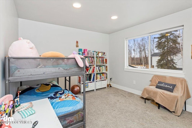 carpeted bedroom with recessed lighting and baseboards