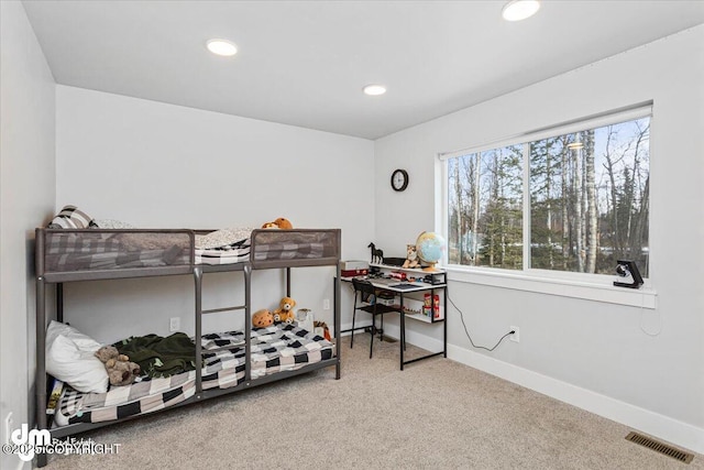 bedroom featuring recessed lighting, carpet flooring, visible vents, and baseboards