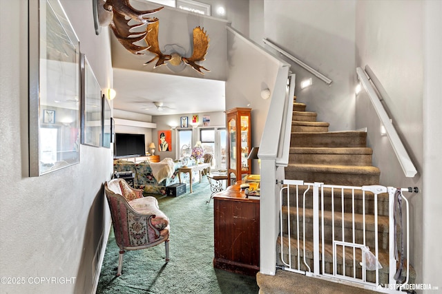 stairway with carpet floors and ceiling fan