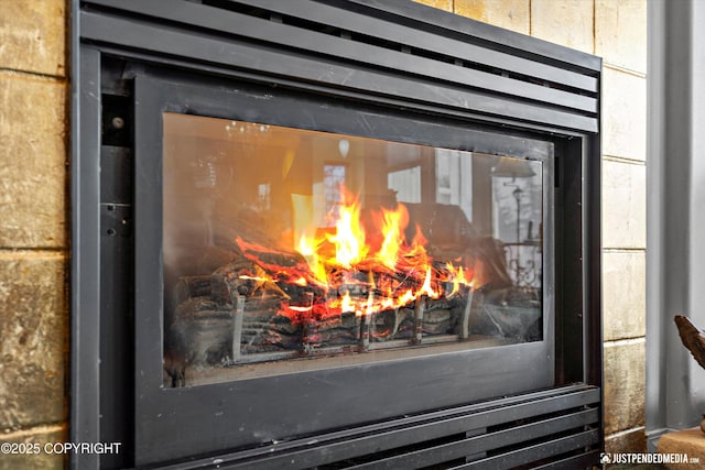 details featuring a glass covered fireplace