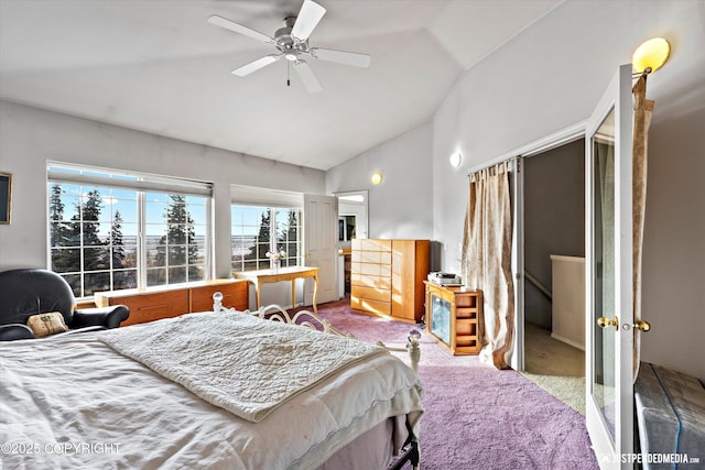 carpeted bedroom with lofted ceiling and ceiling fan